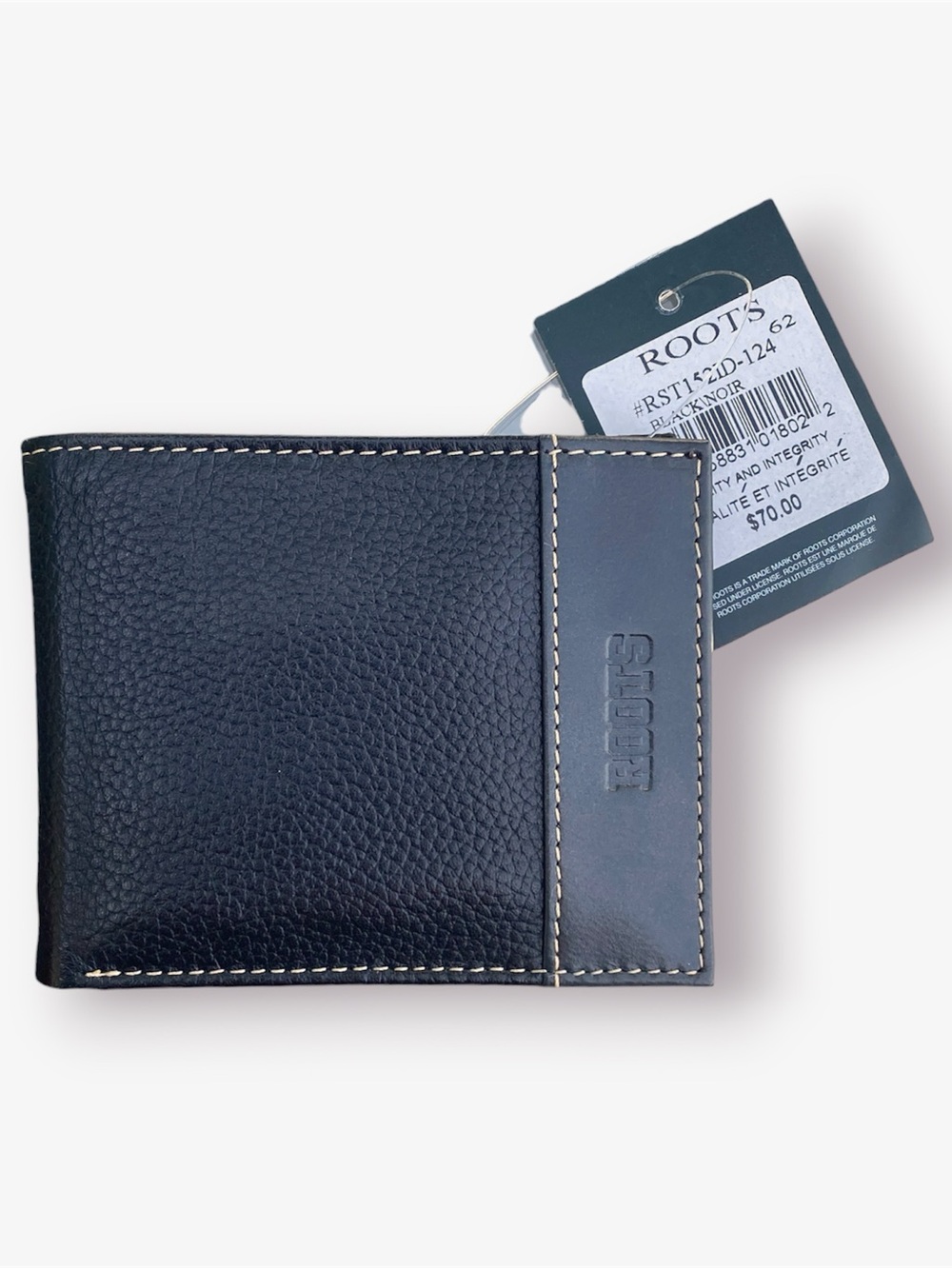 Roots Men's Black Leather Card Holder Wallet with Contrast Stitching
